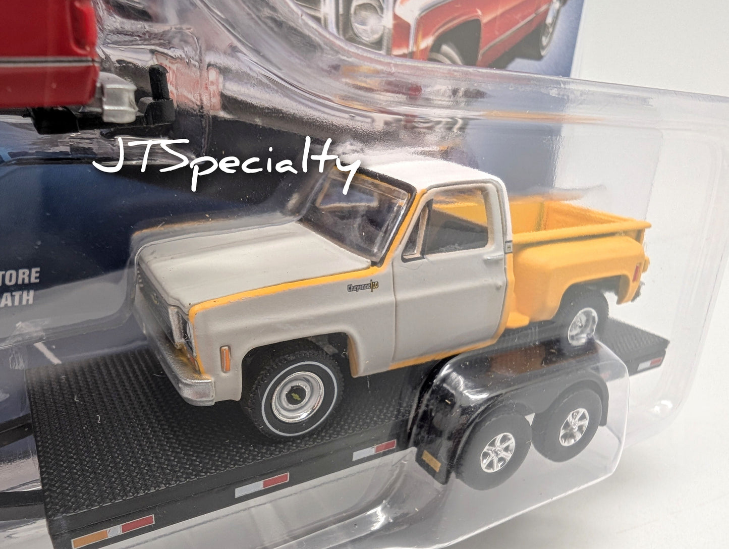 AW 1975 and 1974 Chevy pickups with flat bed trailer - CPCC