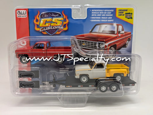 AW 1975 and 1974 Chevy pickups with flat bed trailer - CPCC