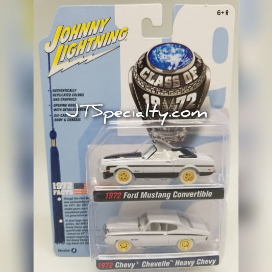 JL 2 Pack CHASE - 1972 Ford Mustang Convertible & 1972 Chevy Chevelle Heavy Chevy - WHITE LIGHTNING
