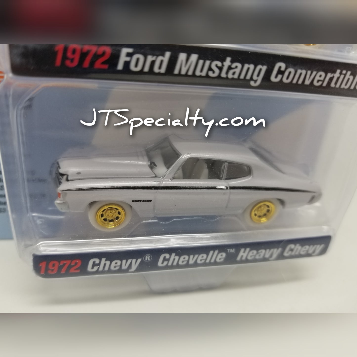 JL 2 Pack CHASE - 1972 Ford Mustang Convertible & 1972 Chevy Chevelle Heavy Chevy - WHITE LIGHTNING